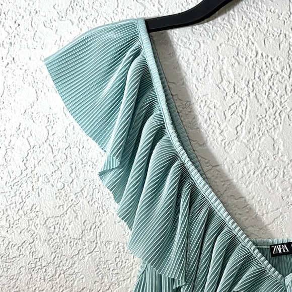 ZARA Mint Blue Pleated Crop Off shoulder Ruched drawstring Trendy Casual Tops - Picture 5 of 6